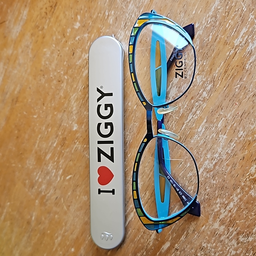 Ziggy by Cendrine O. 1394 C3 glasses with case🩵💚💙💛 stained glass accent NWOT